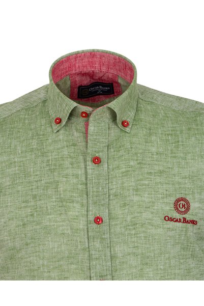 OSCAR BANKS Men's Green 100% Linen Short Sleeve Summer Shirt
