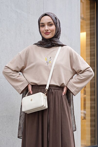 Modamorfo Floral Embroidery Round Neck Loose Combed Cotton Blouse - Light Mink