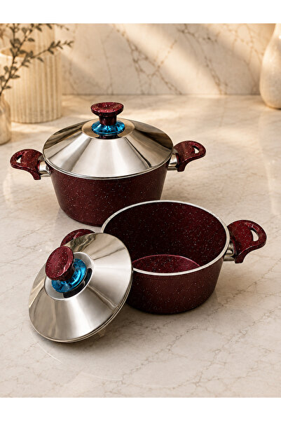 Rivorn 2-Piece Cast Granite 20 Cm+28 cm Deep Pot Set with Steel Lid Red