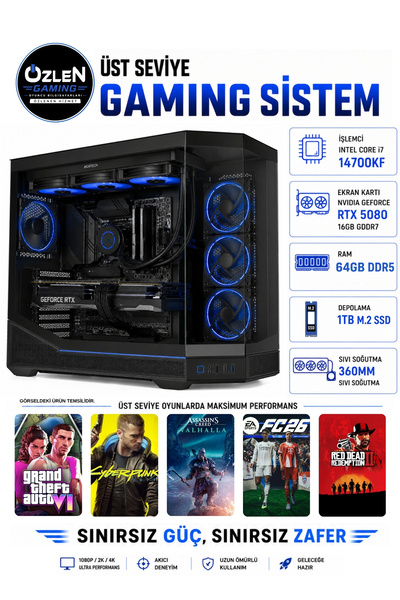 ÖZLEN XXL25 İ7 14700KF RTX 5080 16GB 64GB DDR5 RAM 1TB M.2 SSD Üst Seviye Oyu...