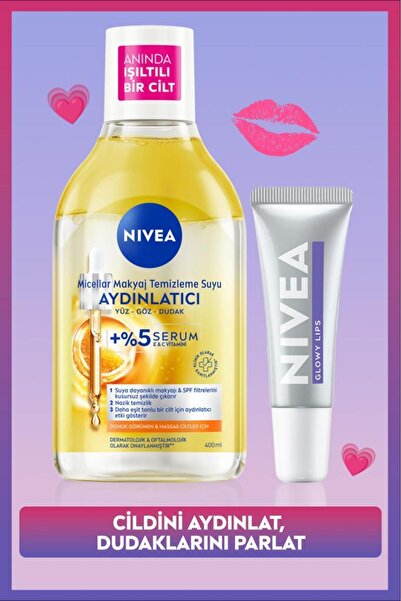 NIVEA Aydınlatıcı Micellar Makyaj Temizleme Suyu 400ml ve Glowy Lips Nemlendi...