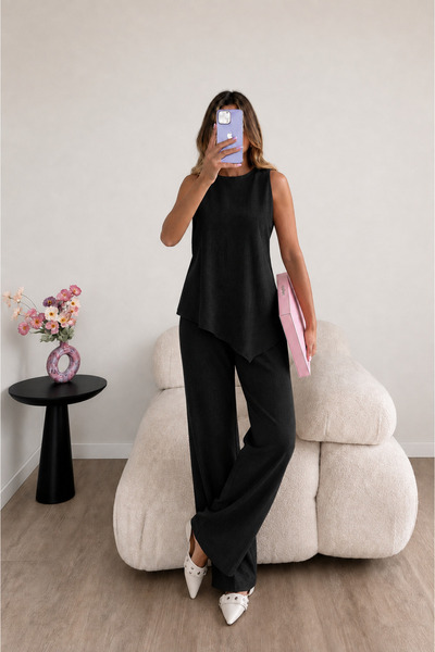 Ekim Store Linen Tied Asymmetrical Cut Vest and Trousers Set
