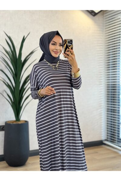 Afili 1217 فستان طويل مخطط بفتحة جانبية لون أنثراسايت