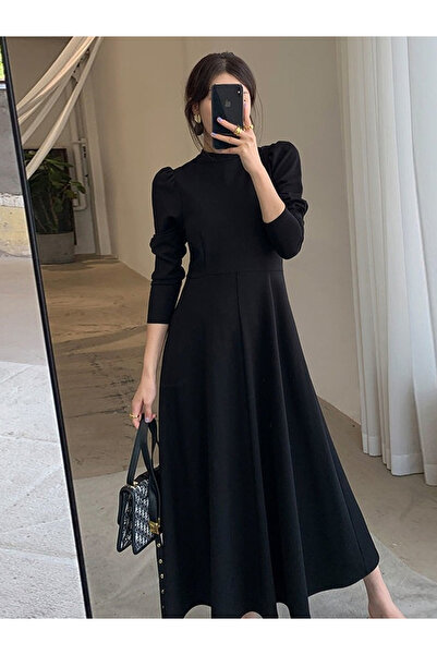Take Two By Styli Black Solid 3/4 Sleeves A-Line Midi Dress