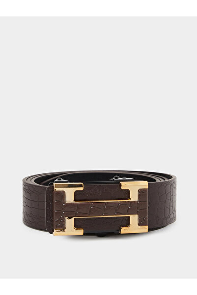 Styli Men Brown Croc-Embossed Gold-Tone H Buckle Belt