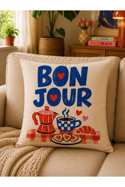 Sakallı Set of 2 Drinks & Good Vibes & Bonjour Coffee Patterned Digital Printed Decorative Throw Pillow Covers