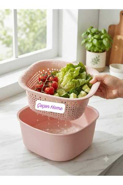 ÇEÇEN HOME (24X24 cm)Double Layer Colander Bowl Set Pink - Fruit and Vegetabl...
