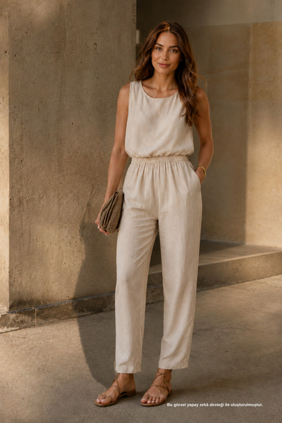 Rhen Store Sleeveless Natural Slouchy Blouse Pants Set