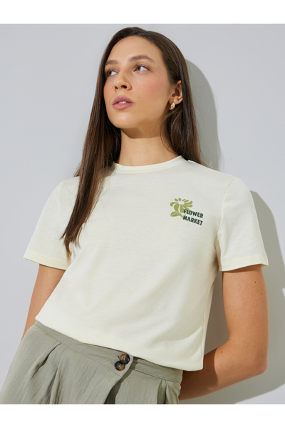 Styli Cream Regular Fit Round Neck T-Shirt