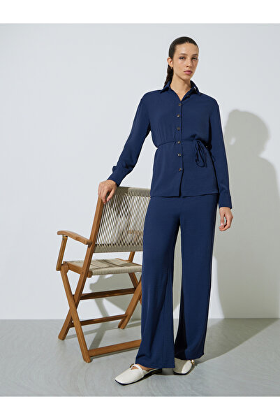 Styli Navy Blue Longline Shirt and Wide Leg Pants Co-Ord Set