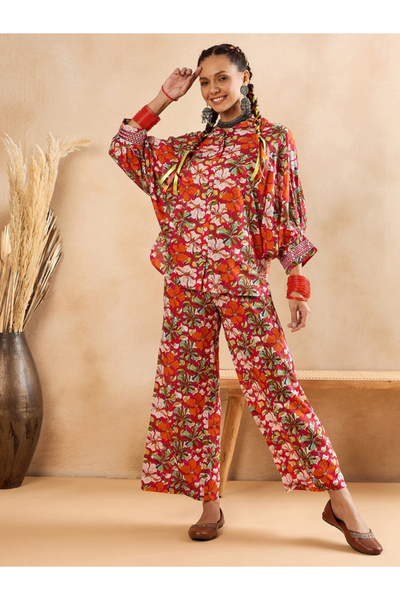 WineRed By Styli Women Red Floral Printed Rayon Co Ord Set With Tunic & Pants