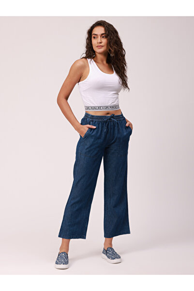 De Moza By Styli Dark Blue Woven Cotton Denim Culottes