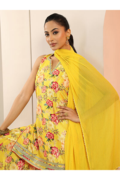 Libas By Styli Printed Silk Blend Straight Kurti and Palazzos And Dupatta