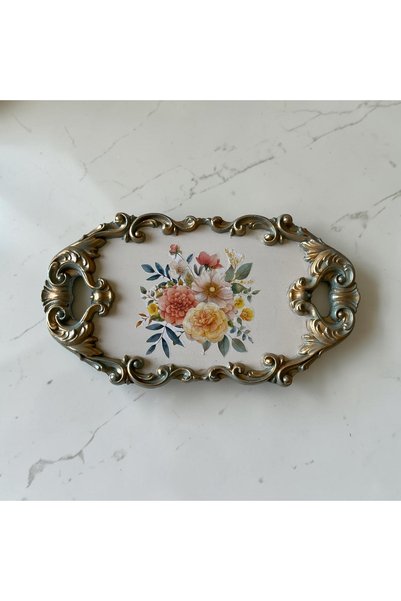 löder bizim atölye Vintage Eskitme Dekoratif Ayaklı Servis Tepsisi – Kuş ve Ç...