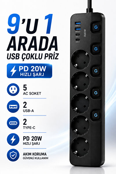 RAYLAX 5'li Akım Korumalı USB Çoklu Priz 2 USB-A 2 Type-C PD 20W Hızlı Şarj A...