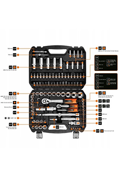 NEO Tools Set de chei 108 piese 1/2 " 1/4 " Cheie tubulară din oțel CrV