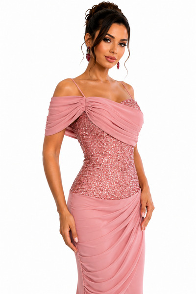 Lovely Dress Taş İşlemeli Drapeli Uzun Abiye Elbise Askılı Balık Model Nişan ...