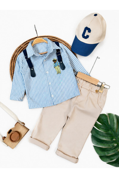 ASİLA Striped Teddy Bear Printed Shirt with Suspender Belt and Hat, Lycra Gab...