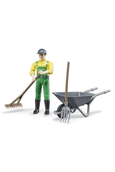 Bruder Figurină fermier cu roabă și accesorii, muncitor grădinar 62610
