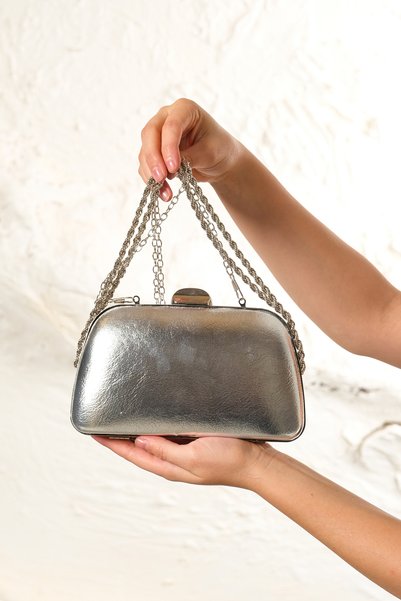 ROZA CANTA Silver Leather Chain Strap Hand Shoulder Evening Dress Wedding Evening Bag