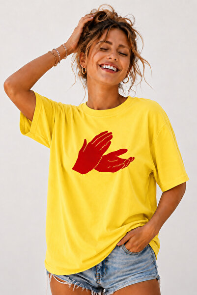 ArtYus Clap Hands Printed Unisex Oversize Beige T-Shirt – Cotton Crew Neck St...