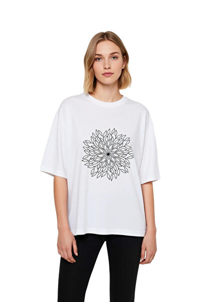 PayBuy Women's Oversize T-Shirt Leaf Motif Line Art Print Relaxed Fit Casual ...