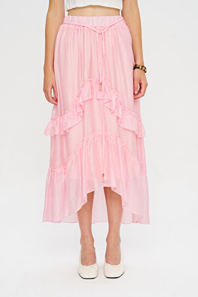 Orfeo Negro Women's Elastic Waist Pink Asymmetrical Layered Ruffle Skirt