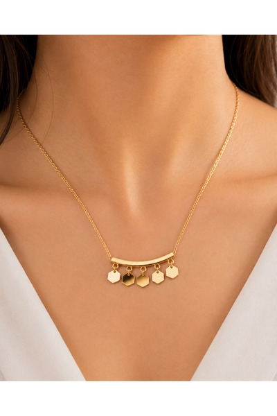 Generic Brand Aurelia Hex Charm Bar Necklace – Gold Plated Stainless Steel, M...
