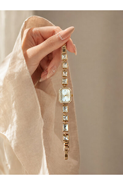 Generic Brand Women's Rectangular Case Stone Bracelet Watch Gold Color Crysta...