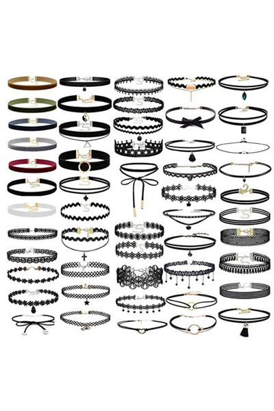 VeeShop Set 52 coliere choker, catifea colorata, dantela, cu medalioane