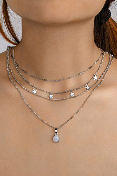 VeeShop Colier multilayer, patru lantisoare cu stelute, cristal opalescent si...
