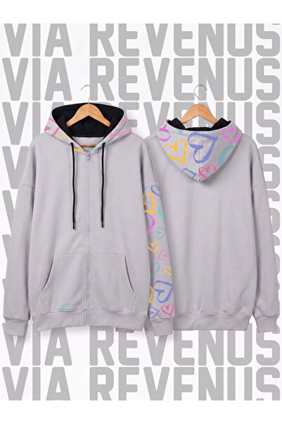 Vordevia Heart Hooded and Sleeve Printed Unisex Zippered Hooded Sweatshirt Ca...