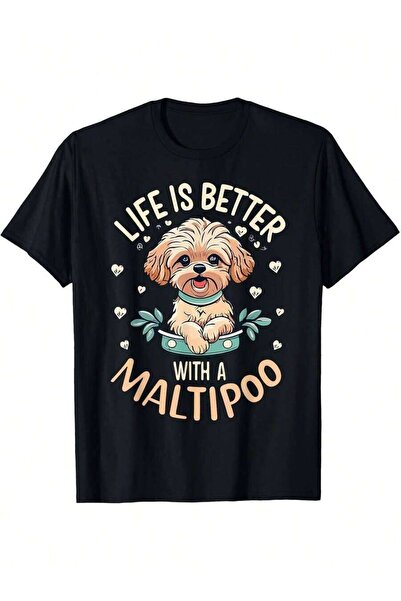 NOURAM 1pc Dog Life Is Better With A Maltese Graphic Print Black Loose Fit Ro...