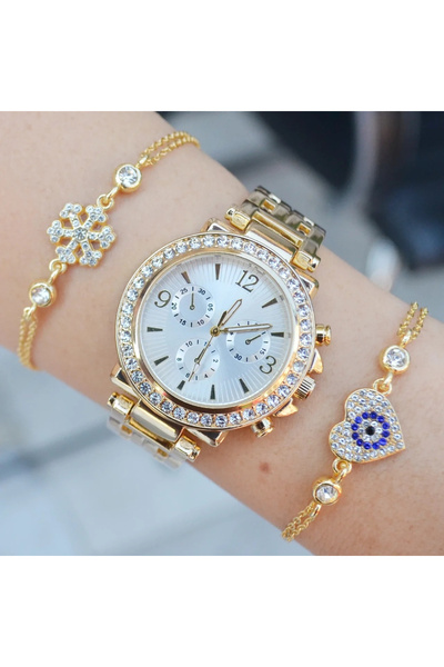 COLESİUM Gold Metal Kordonlu Taşlı Paşa Model Kadın Saat Kombini 8597