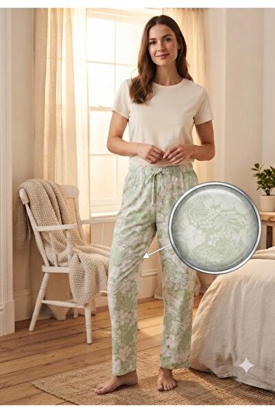 Serena Pantaloni de pijama de dama ALb cu frunze VERZI