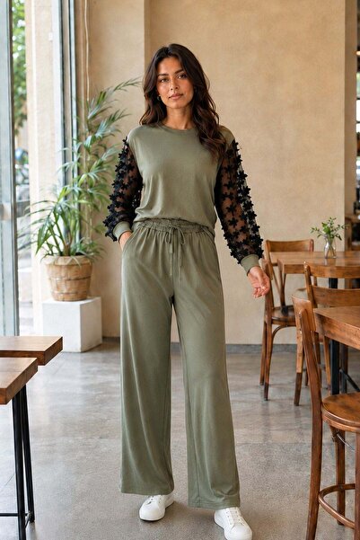 Mossta Tulle Sleeve Detailed Viscose Two-Thread Two-Piece Set - Khaki