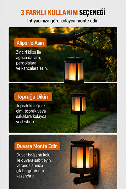 ALFAGİFT Solar LED Alev Efektli Bahçe Aydınlatma Feneri Güneş Enerjili Dış Mekan Masa ve Gece Lambası