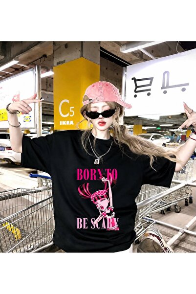 DEEFWEAR Black Born to Be Scary Pink Printed Oversize T-Shirt