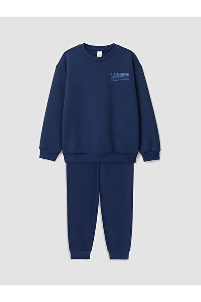 LC Waikiki Lcw Kids Navy Blue Slogan Printed Boys' Tracksuit Set