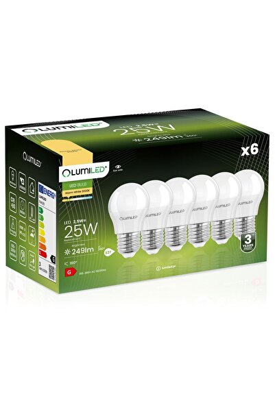 Lumiled 6x Bec LED E27 tip bilă P45 2.5W = 25W 249lm 3000K Cald 180 °