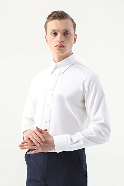 Damat Regular Fit Beyaz Düz %100 Pamuk Nano Care Gömlek
