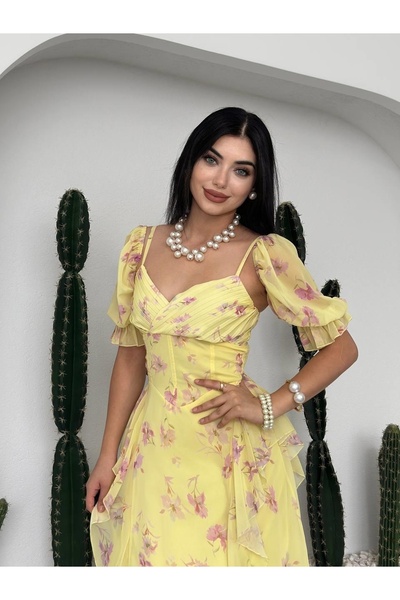 Clothes Fast فستان نسائي متوسط الطول من الشيفون بنقشة زهور وياقة على شكل قلب ...