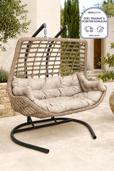 Niron Balina Çift Kişilik Rattan Bahçe Salıncağı Cappucino - Minderli Konfor