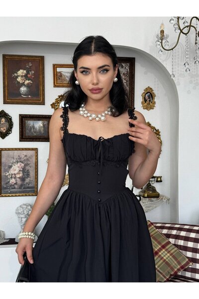 Moda Days فستان نسائي أسود متوسط الطول بتفاصيل دانتيل وحزام وتصميم مشدّد عند ...