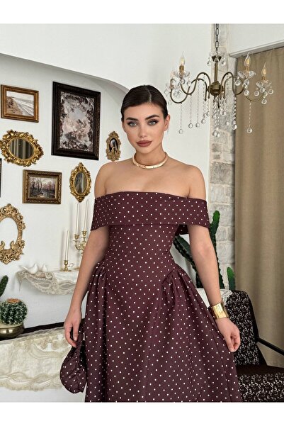 Moda Days Women's Brown Strapless Polka Dot Atlas Fabric Midi Length Flared S...
