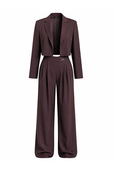 Laluvia Brown Elastic Waist Jacket and Trousers Set - Tk9689