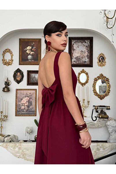 Moda Days Women's Burgundy Midi Dress Square Collar Backless Bow Detailed Atlas