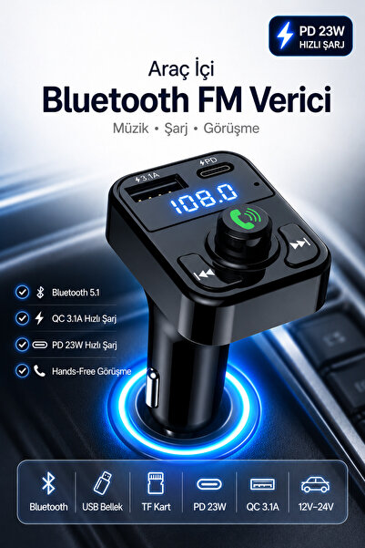 MetaForce Plus QC 3.1A USB PD Hızlı Şarjlı FM Transmitter Bluetooth Araç Kiti...