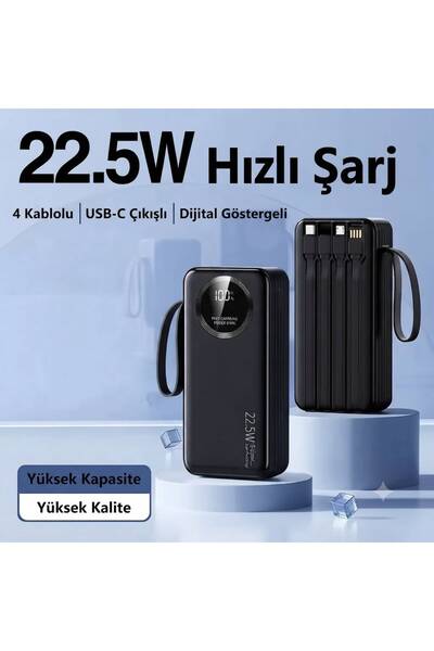 TEKNOTİMER 30.000 mAh 22.5W Hızlı Şarj Powerbank Taşınabilir Şarj Cihazı Dijital Göstergeli Dahili Çoklu Kablolu Powerbank Siyah