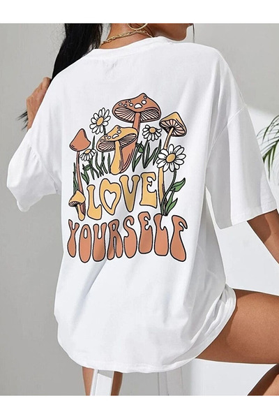Flubutik White Love Yourself Print 100% Organic Cotton Relaxed Fit Round Neck...